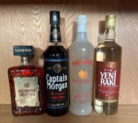 Four bottles of spirits, a Disorano, Captain Morgan's, Arches and Raki
