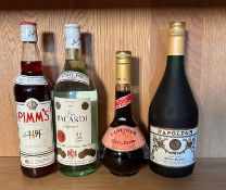 Four bottles of spirits, a Bacardi, a Napoleon Brandy, Achevry Brandy and a Pimms