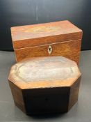 Two wooden work boxes and tea caddy