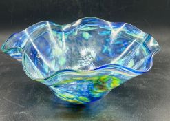 A blown Art glass bowl with wave rim and snap pontil (H11cm Dia26cm)