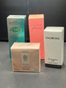 Four bottles of vintage perfumes, Cerruti, Knowing, Pleasures