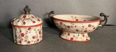 An Art Nouveau style floraly painted lidded pot and a matching two handled dish