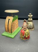 Vintage letter scales and hand bell in the form of Punch and a lady