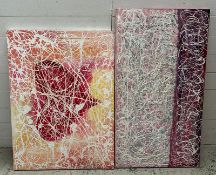 Two abstract oil on canvas in pinks, reds and white. 68x93 cm and 106x59 cms