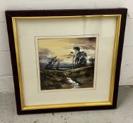 Framed country landscape at sunset, mixed media picture (42cm sq)