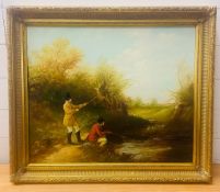 Oil on canvas of a Victorian fishing scene (Approximate framed size 72cm x 61cm)