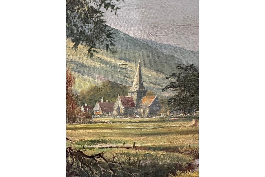 An oil on canvas of a farming scene titled "Welsh Harvest by Don Vaughan - Image 5 of 5