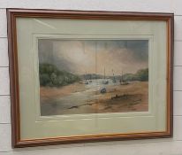 A watercolour of an estuary scene with the tide out and beached boats by Anita Skinner signed