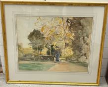 A watercolour of a lady walking in the garden unknown artist