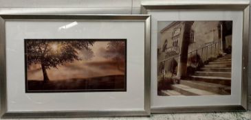 Two large prints, one of an Italian scene and the other of a rural sunset 83cm x 121cm