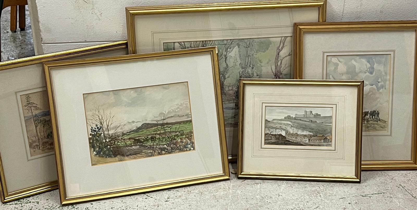 Five watercolours of various scenes (largest 53cm x 46cm frame)