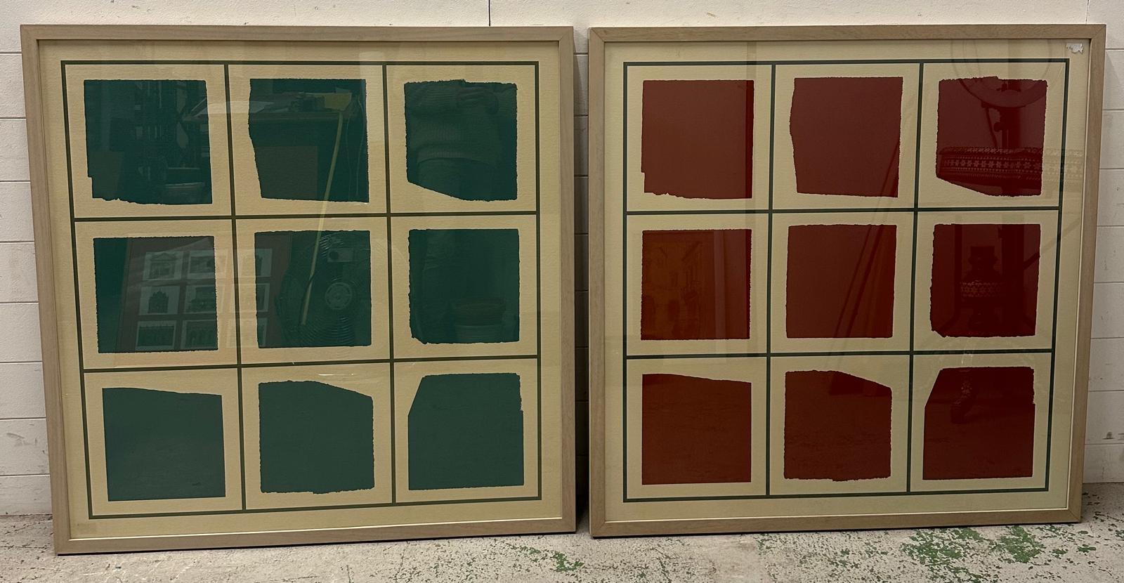 Two large abstract cubic form prints in red and green 105cm x 105cm (to raise funds for the