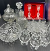 A selection of cut glass to include brandy glasses, decanters and bowl