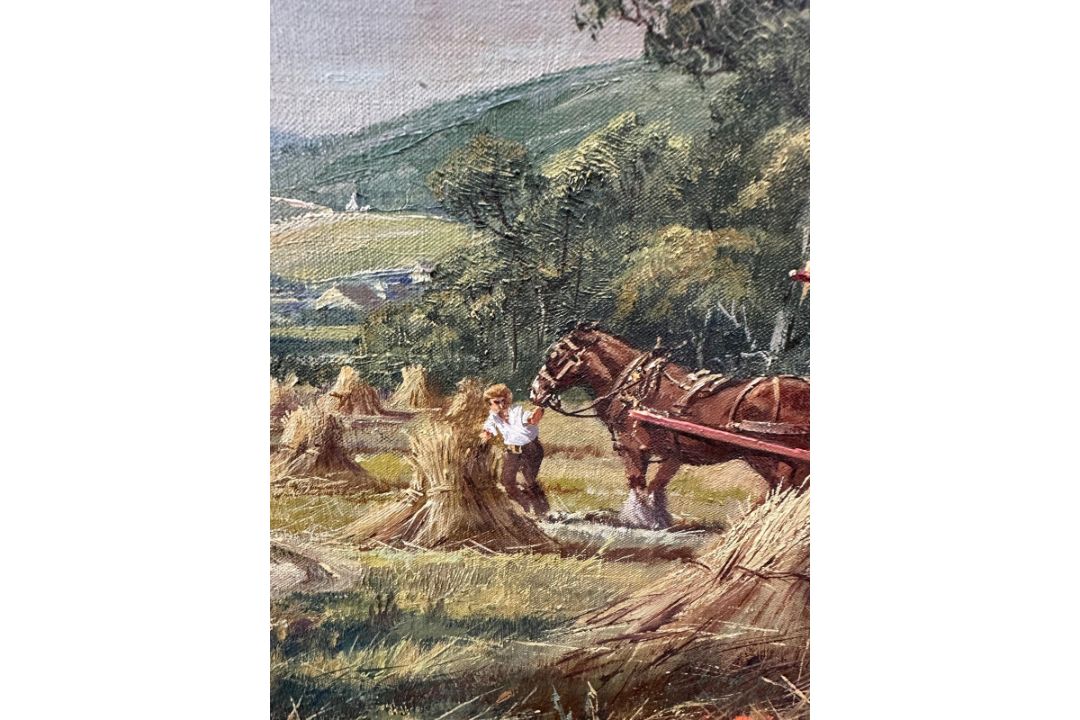 An oil on canvas of a farming scene titled "Welsh Harvest by Don Vaughan - Image 4 of 5