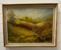 An oil on board of a rural valley with sheep to centre by Anita Skinner signed lower left 68cm x