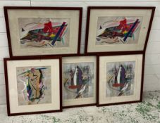 Five abstract pastels, one signed lower right