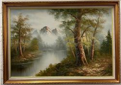 An oil on canvas of a river scene with mountains to background, signed lower right 100cm x 70cm