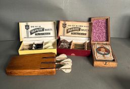 Three boxes of vintage darts and a cribbage set