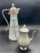 A cut glass claret jug and pewter teapot