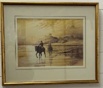A water colour of an estuary scene with a castle background and riders on horses to foreground by