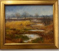 An oil on board of a water meadow with a heron to centre by Anita Skinner signed lower right 62cm