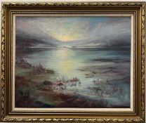 An oil on canvas of a lakeside scene at dusk by Anita Skinner 94cm x 77cm
