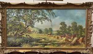 An oil on canvas of a farming scene titled 