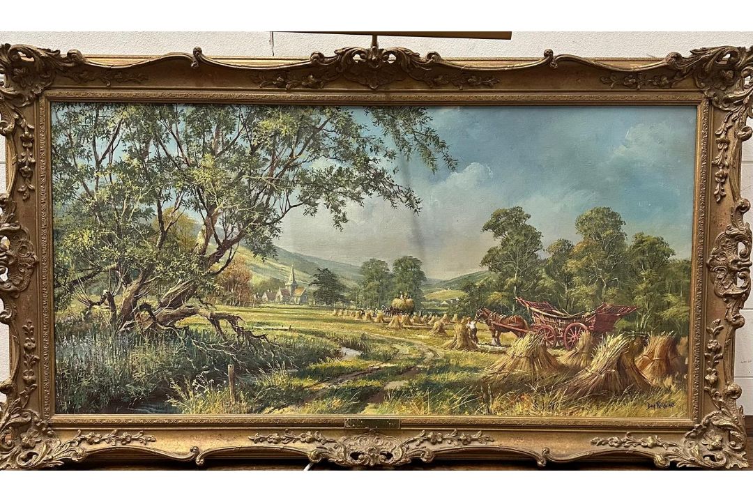 An oil on canvas of a farming scene titled "Welsh Harvest by Don Vaughan - Image 1 of 5