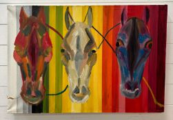 An abstract oil on canvas of three horses heads signed lower left. 93x64