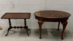 Two side tables one oval and veneered, the other mahogany with a piecrust top AF