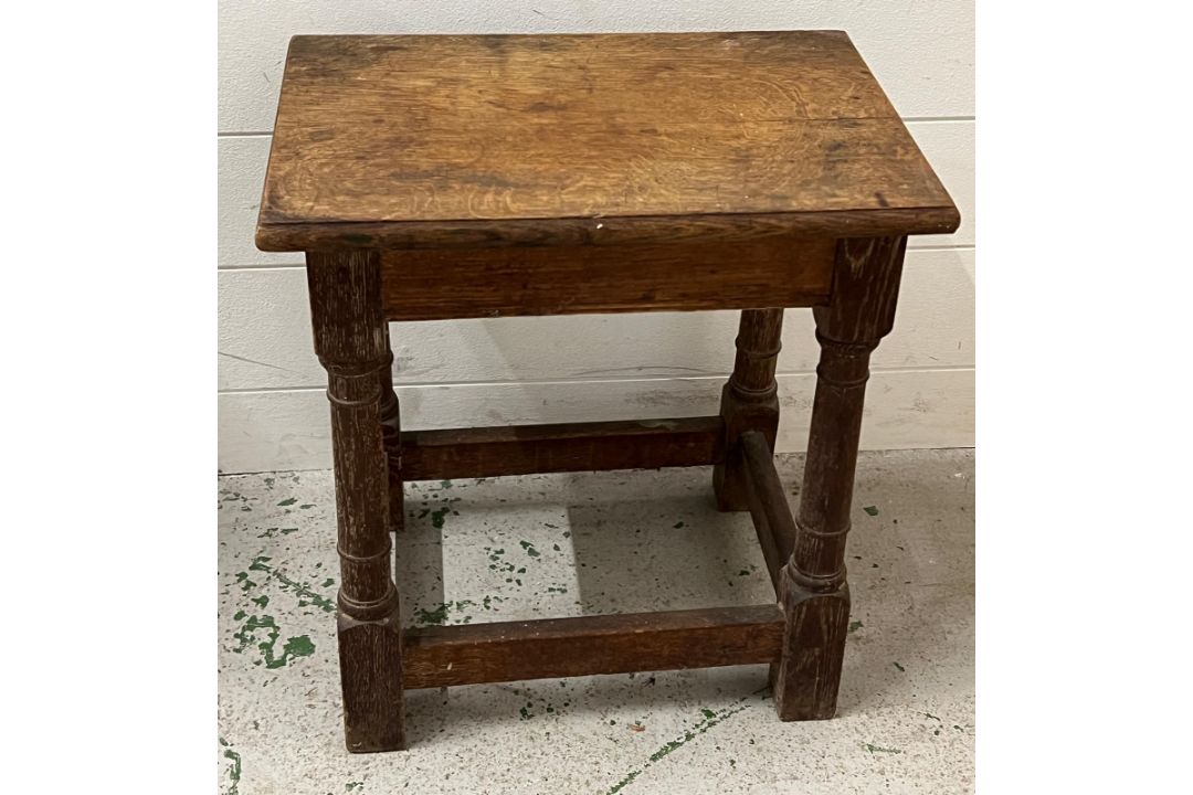 A square oak stool on turned legs with cross stretchers (H46cm W53cm D30cm) - Image 1 of 2