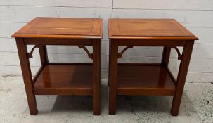 A pair of veneered side tables with shelf under and string inlay to tops (H56cm W49cm D41cm)