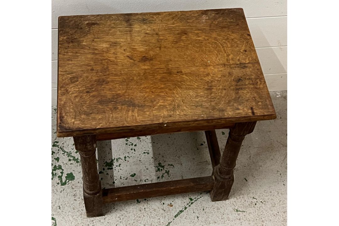 A square oak stool on turned legs with cross stretchers (H46cm W53cm D30cm) - Image 2 of 2