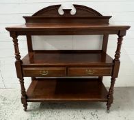 A mahogany serving trolley, three tier buffet with two drawers (H137cm W125cm D51cm)