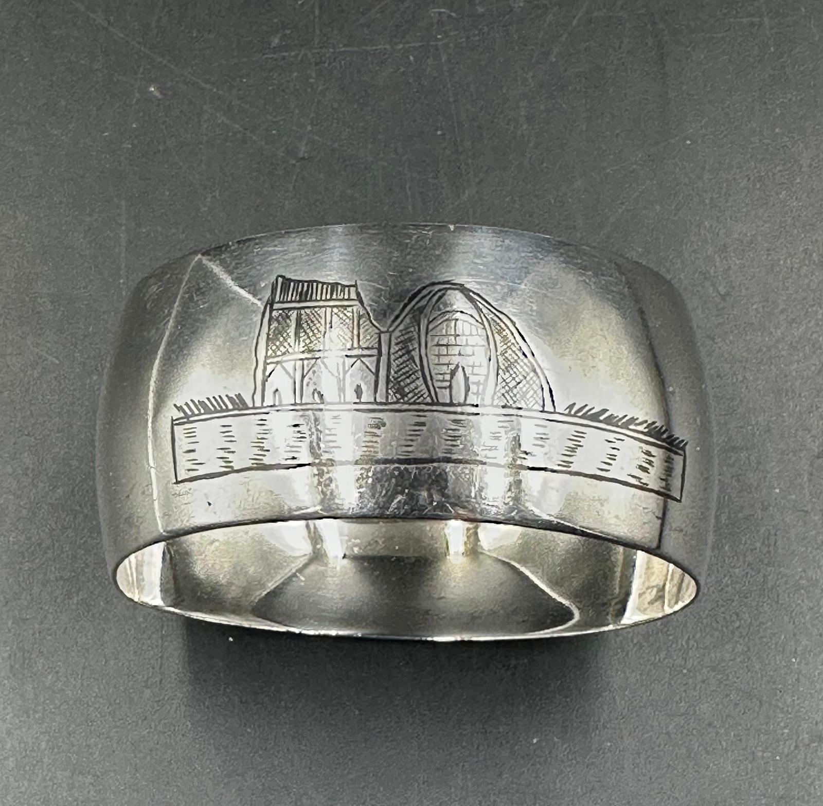 A set of six white metal Persian napkin rings with various scenes displayed on them. - Image 4 of 4