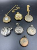 A selection of pocket watches, some replica.