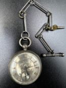 A Silver pocket watch on silver albert chain, hallmarked for London