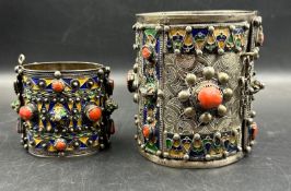 Two antique Kabyle silver bracelet Algeria Beni Yenni tribe. Hinged enamel cuff bracelets from Great