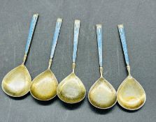 Five enamel on silver teaspoons by Turner & Simpson, hallmarked for Birmingham 1957