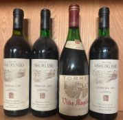 Three bottle of Vinas Del Vero Cosecha 1993 and a bottle of Torress Vina Magdala 1989