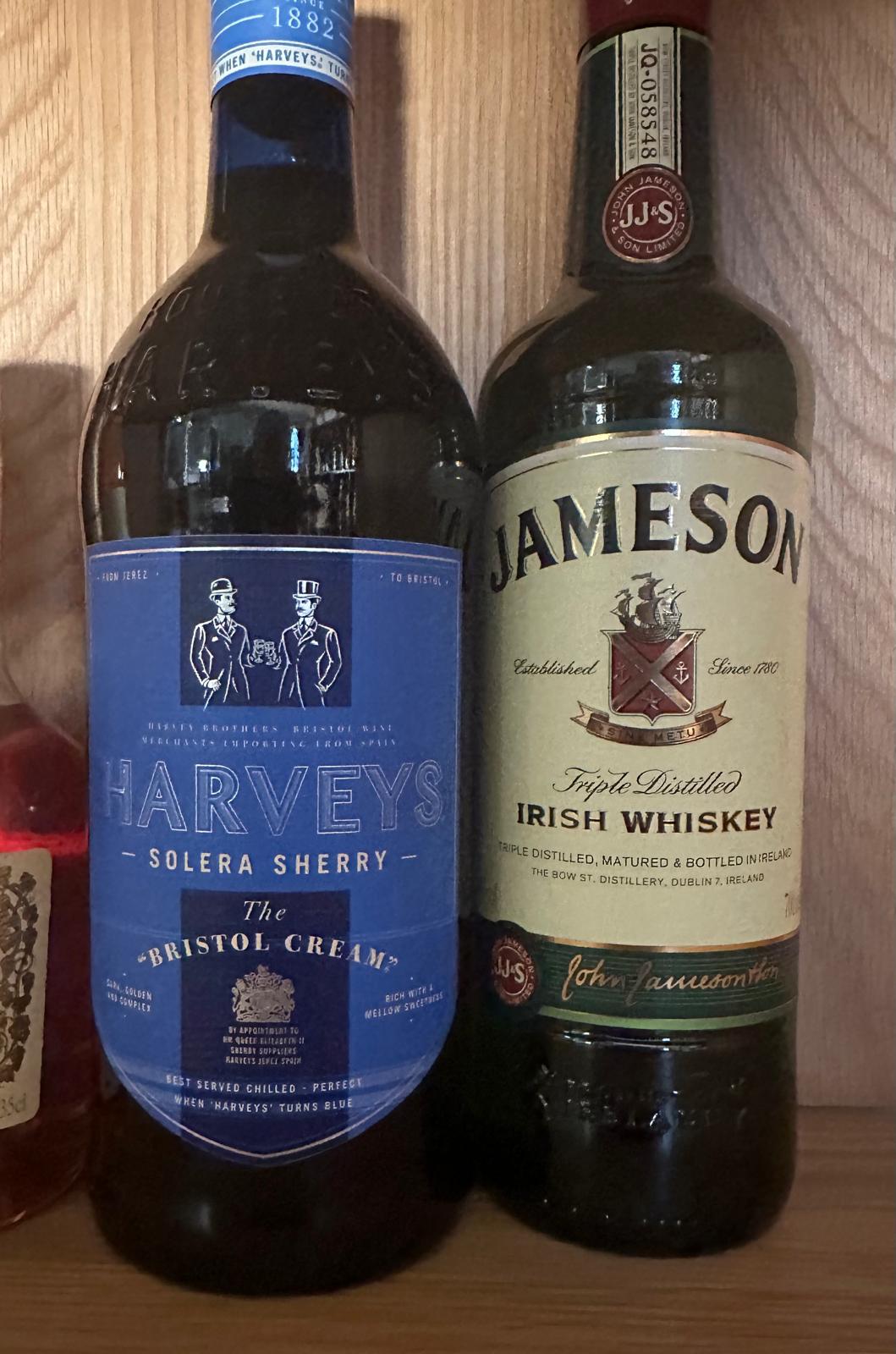 Four bottles of spirits, A Famous Groose scotch whiskey, a Haweys Bristol Cream, a Jamesons and a - Image 2 of 3