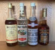 Four bottles of spirits, a Bells blended scotch whisky, Old Nicks rum, a Chatellc brandy and a