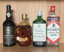 Four bottles of spirits, a Dimple blended scotch whiskey. a Gordons gin, a Gilbeys gin and a