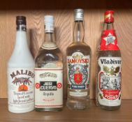Four bottles of spirits a Malibu, a Jose Cuvvo Tequila, a Zamoyski Vodka and a Vladivar Vodka