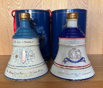 Two Bells whiskey bell shaped decanters with contents, one to commemorate the 90th birthday of HRH