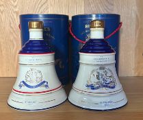 Two Bells whiskey bell shaped decanters with contents to commemorate the birth of Princesses