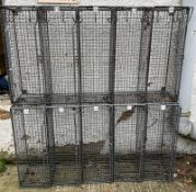 Two vintage numbered metal industrial school lockers, two units of five lockers (H80cm W150cm