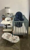 A nursery start up pack to include cot, changing mat, bouncing chairs, high chair and nappy bin