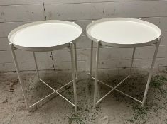 Two white metal circular side tables with detachable tops (H53cm Dia44cm)