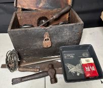 A vintage tool box and a selection of vintage tools along with a Hayens spitfire ashtray and vintage